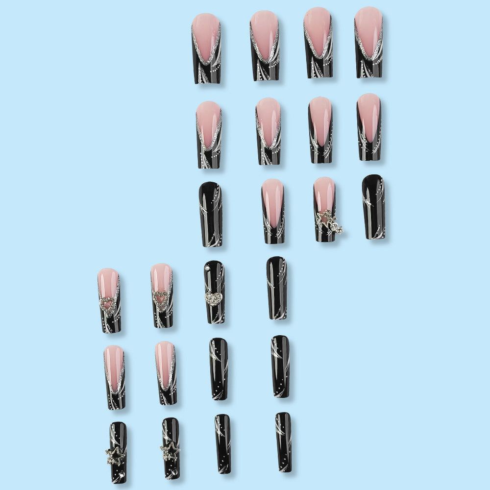 Black & Blush Pink Rhinestone Press-On Nails – Long Square French Tip Bling Nails with Heart & Star Charms | Luxury Glam Nail Set
