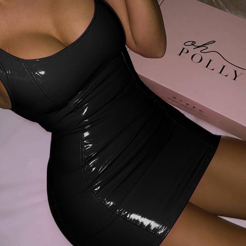 Sexy Solid Color Leather Sling Dress for Women – Bodycon Party Dress, Tight Hip Skirt, Clubwear