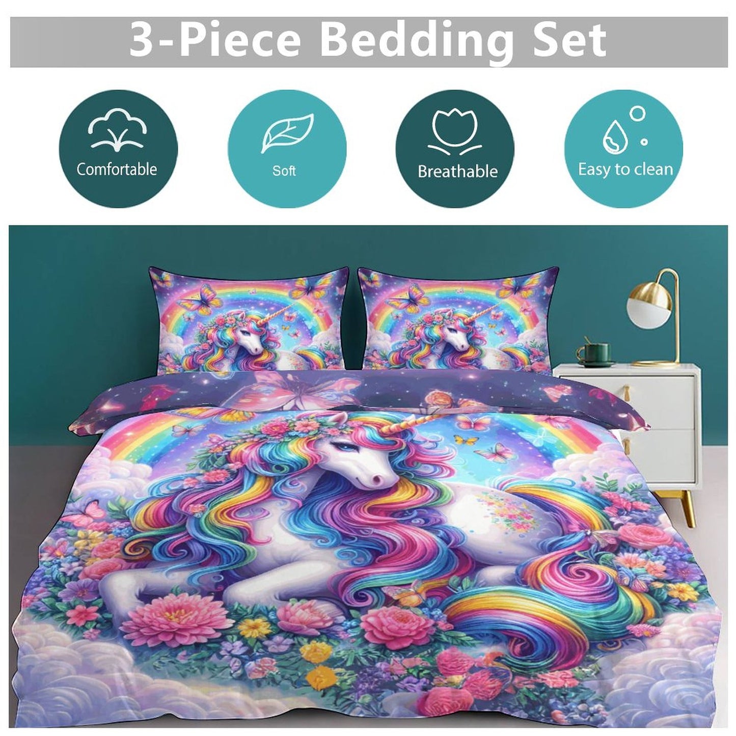 Magical Rainbow Unicorn 3-Piece Bedding Set – 86"x70" (218×177cm) Dual-Sided Comforter with Pillowcases – Fantasy Kids & Teen Bedroom Decor