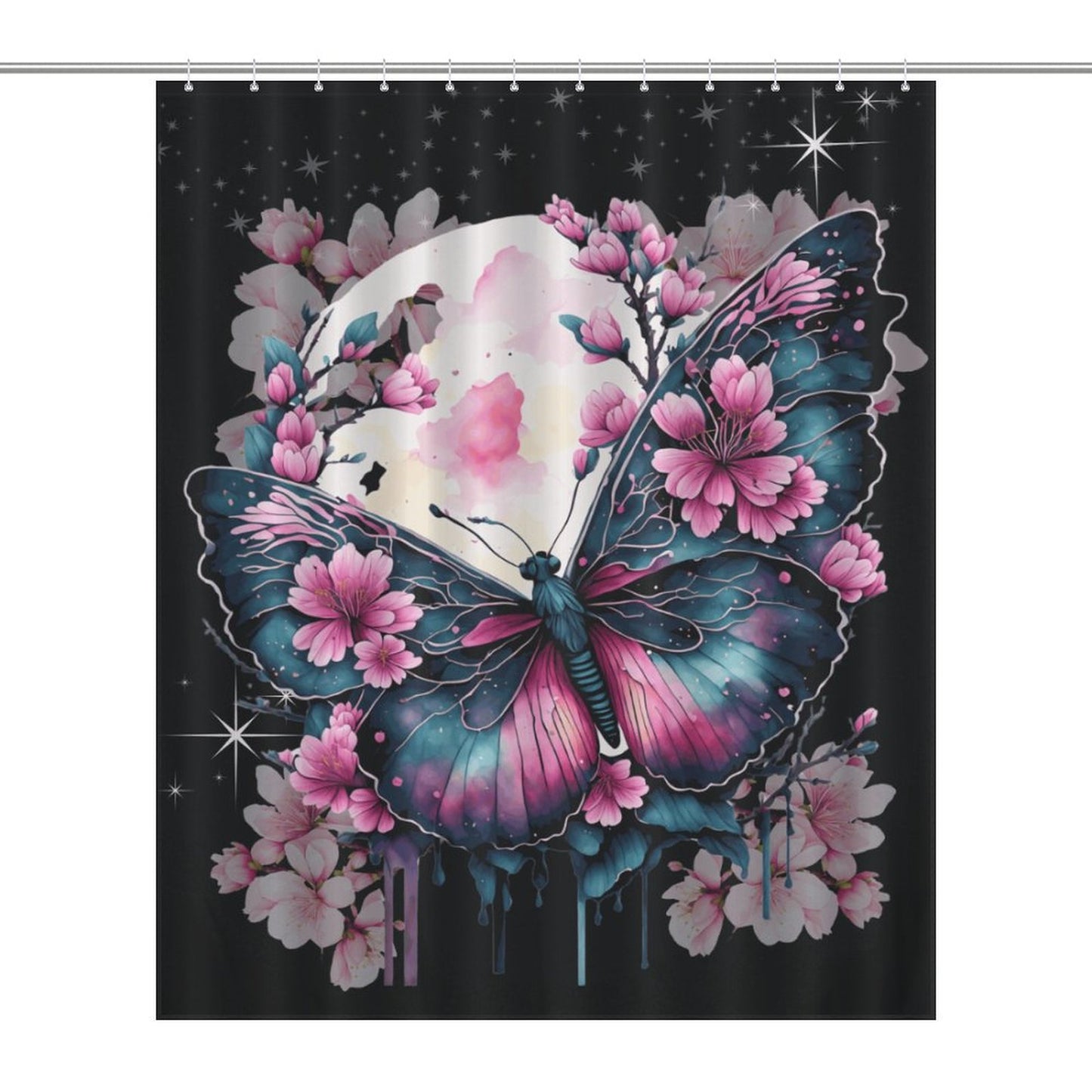 Enchanted Midnight Butterfly Shower Curtain – Black & Blue Elegance