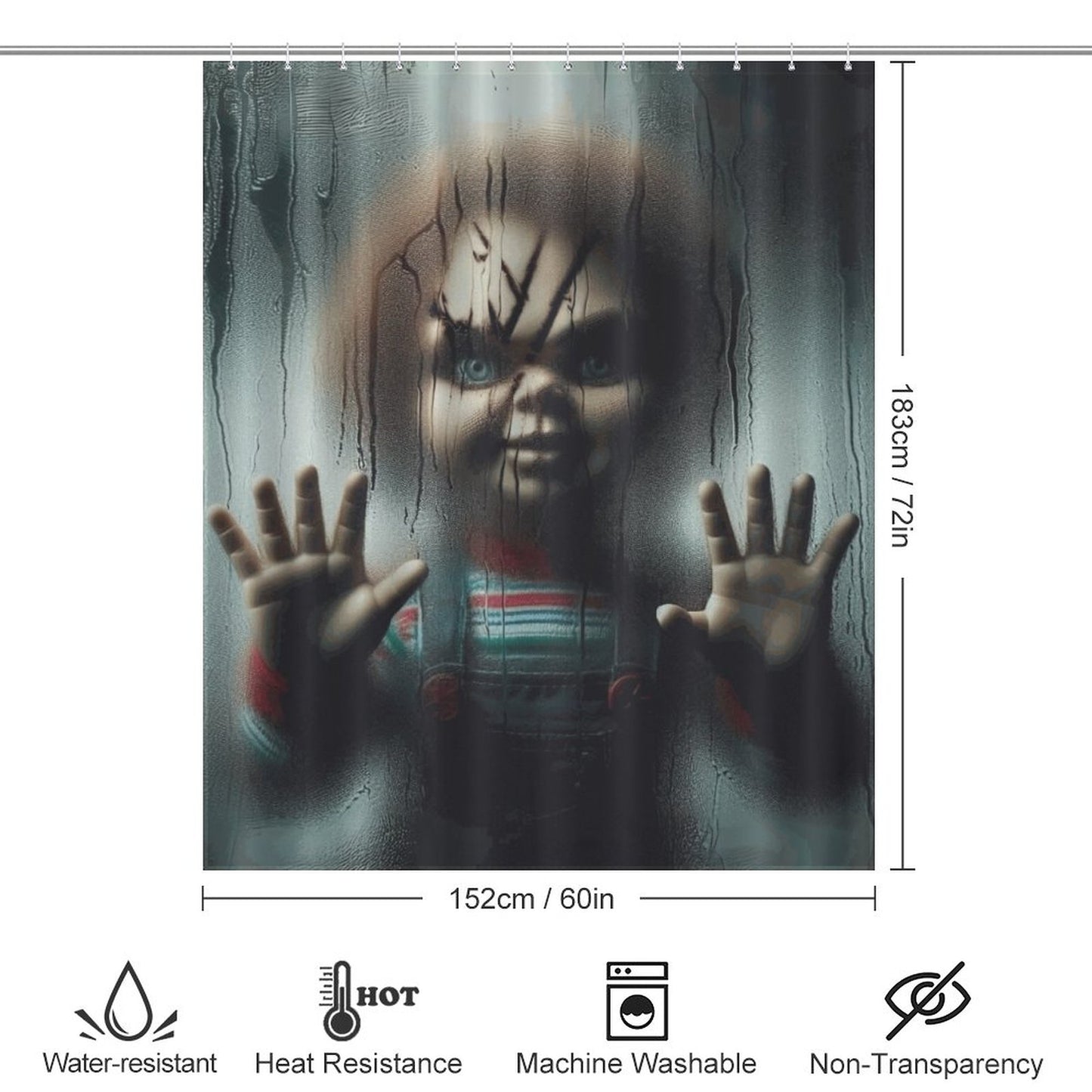 Creepy Chucky Horror Shower Curtain | Killer Doll Bathroom Decor | Halloween Scary Movie Curtain | Spooky Horror Home Decor Gift