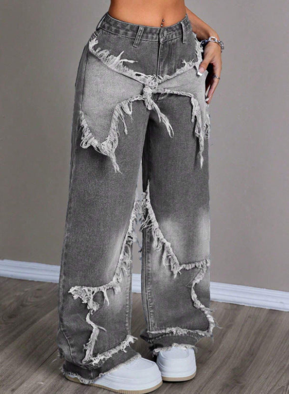 Retro Star Patchwork Heavy Wash Women's Jeans – Trendy Vintage Denim for Bold Fashion Lovers
