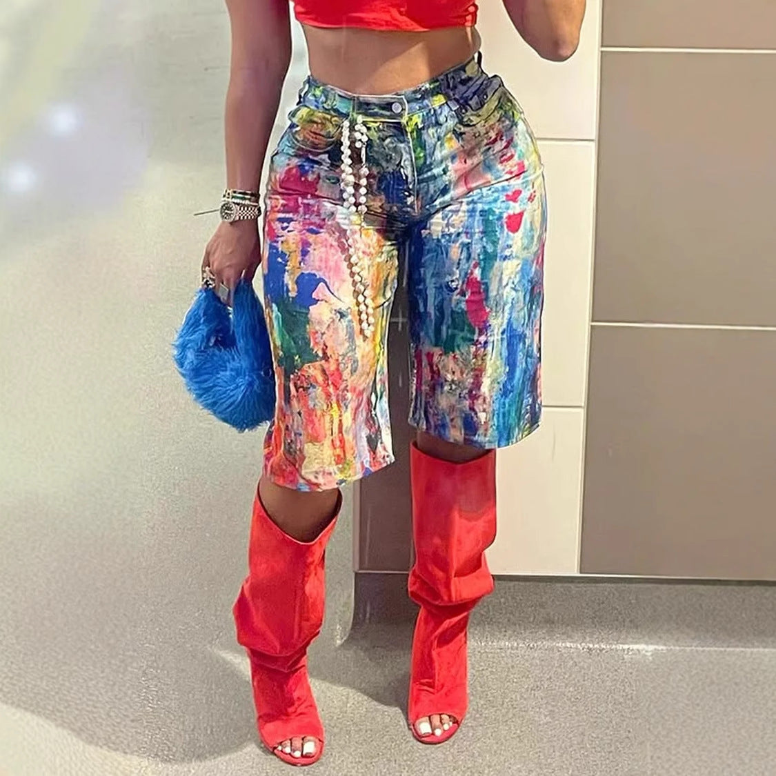 Fashionable Straight-Leg Painted Pants Shorts – Trendy Artistic High-Waist Streetwear Shorts for Women | Casual Summer Chic Statement Bottoms