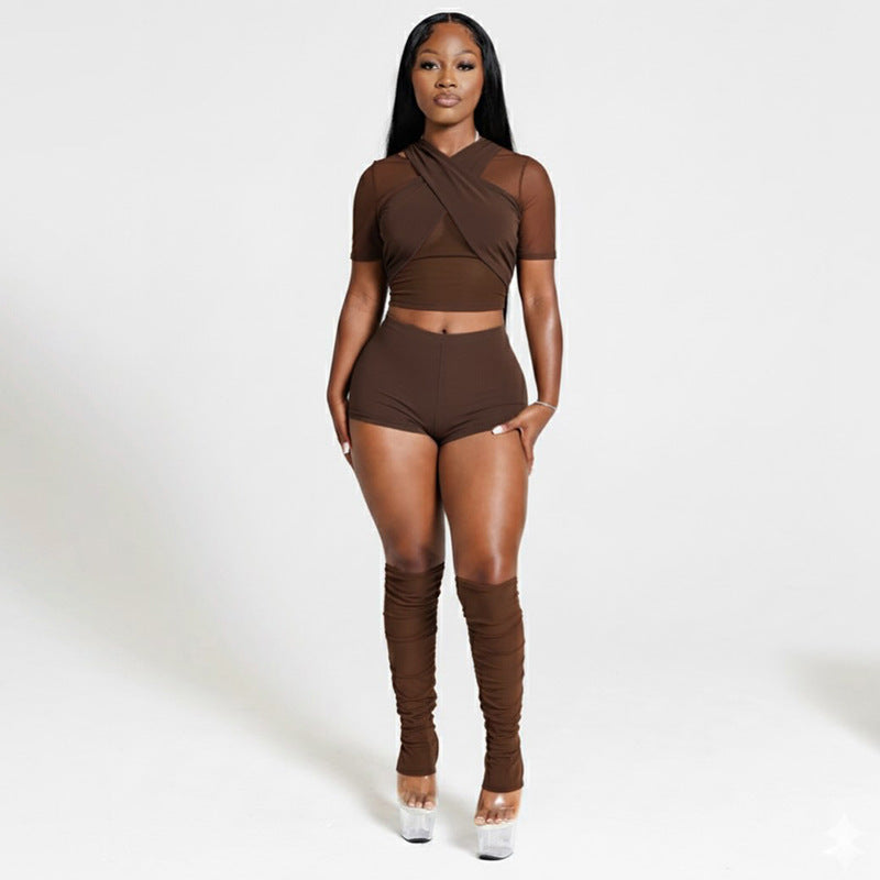 Black Sheer Mesh Crop Top & High-Waist Shorts Set with Ruched Thigh-High Stockings – Sexy Clubwear Outfit