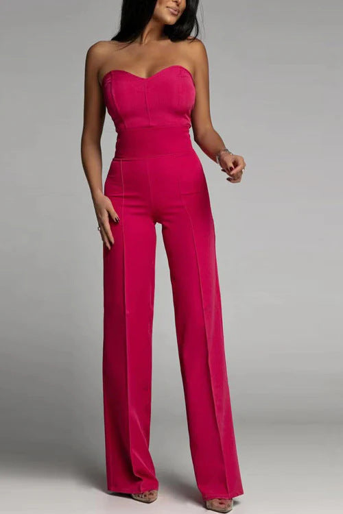 Women’s Slim-Fit Tube Top Straight Leg Jumpsuit – Chic Strapless One-Piece Outfit
