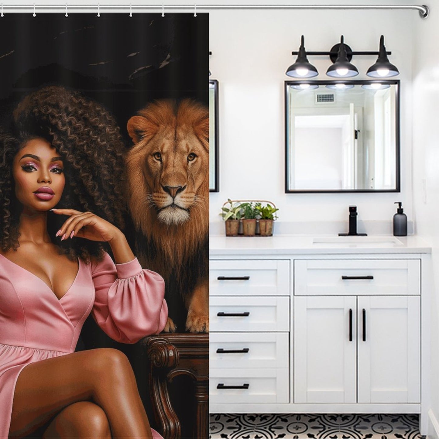 Regal Queen and Lions Black Luxury Shower Curtain