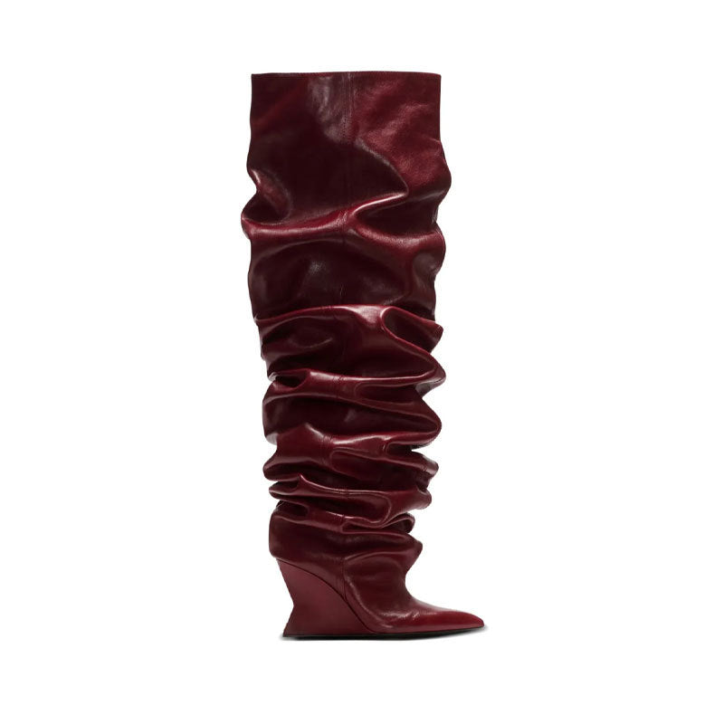Catwalk Pleated Over-the-Knee Boots | Women’s Pointed Toe Wedge High Heel Boots | Stylish Winter Fashion Boots | Trendy Long Boots for Women