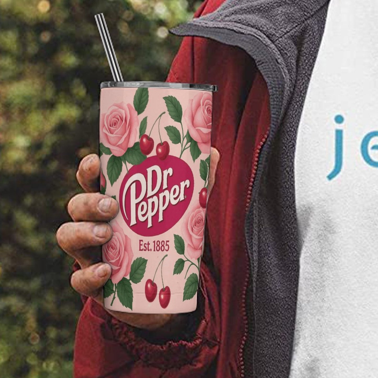 Dr. Pepper Floral Tumbler with Straw | Vintage Cherry Rose Insulated Travel Cup | 20oz Stainless Steel Tumbler for Soda Lovers
