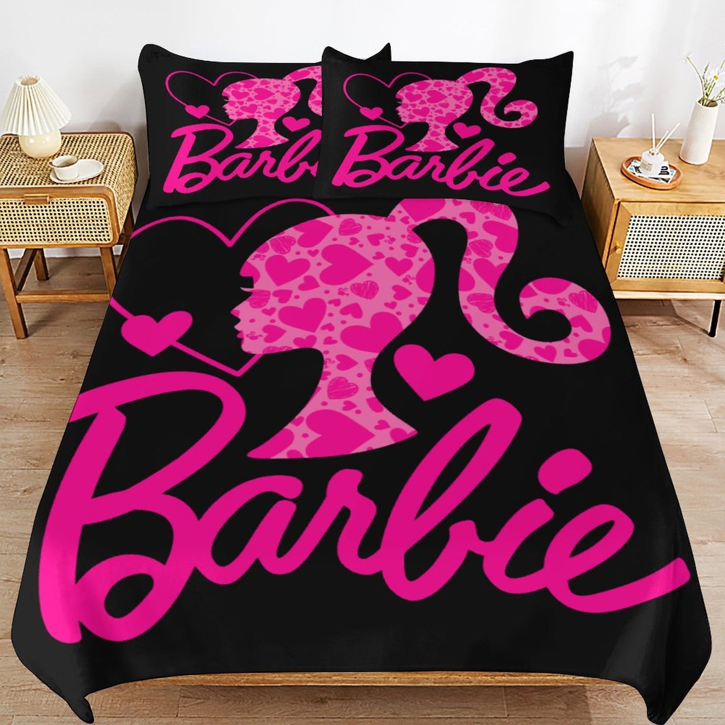 Pink and Black Doll House Collection Bedding Set | Elegant Doll-Inspired Bedroom Decor | 3-Piece Bedding Set (Dual-sided Printing)