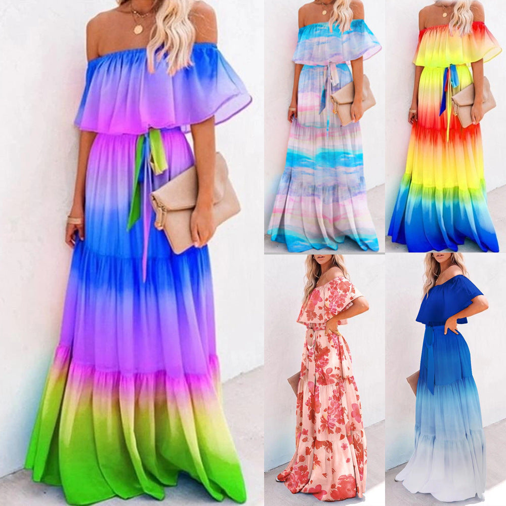Women's Wrapped Chest Print Gradient Color Large Swing Skirt Dress