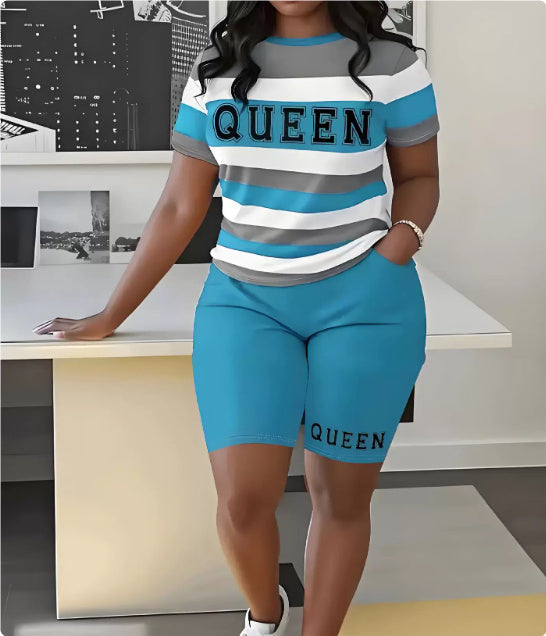 Women's Queen T-Shirt and Striped Letter 3D Printed Shorts Set – Summer 2-Piece Matching Outfit Loungewear