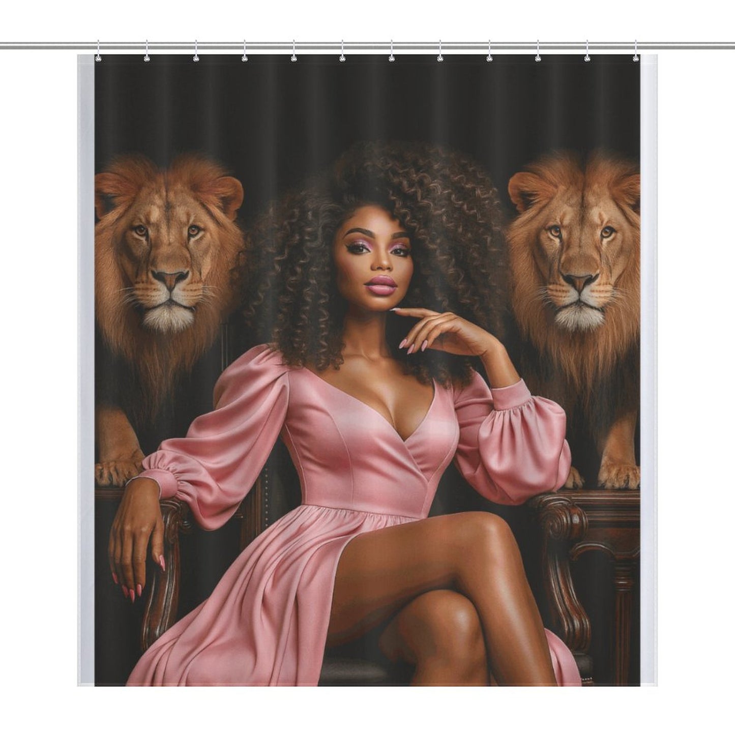 Regal Queen and Lions Black Luxury Shower Curtain