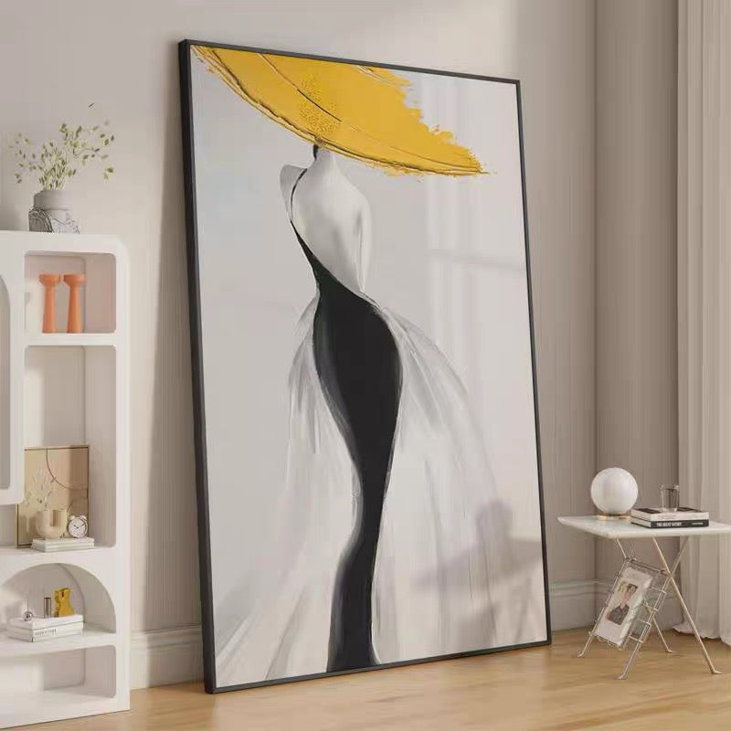 Modern Sexy Woman in Yellow Hat Canvas Art – Handmade Abstract Nordic Luxury Oil Painting Poster for Living Room, Aesthetic Home Decor Wall Art