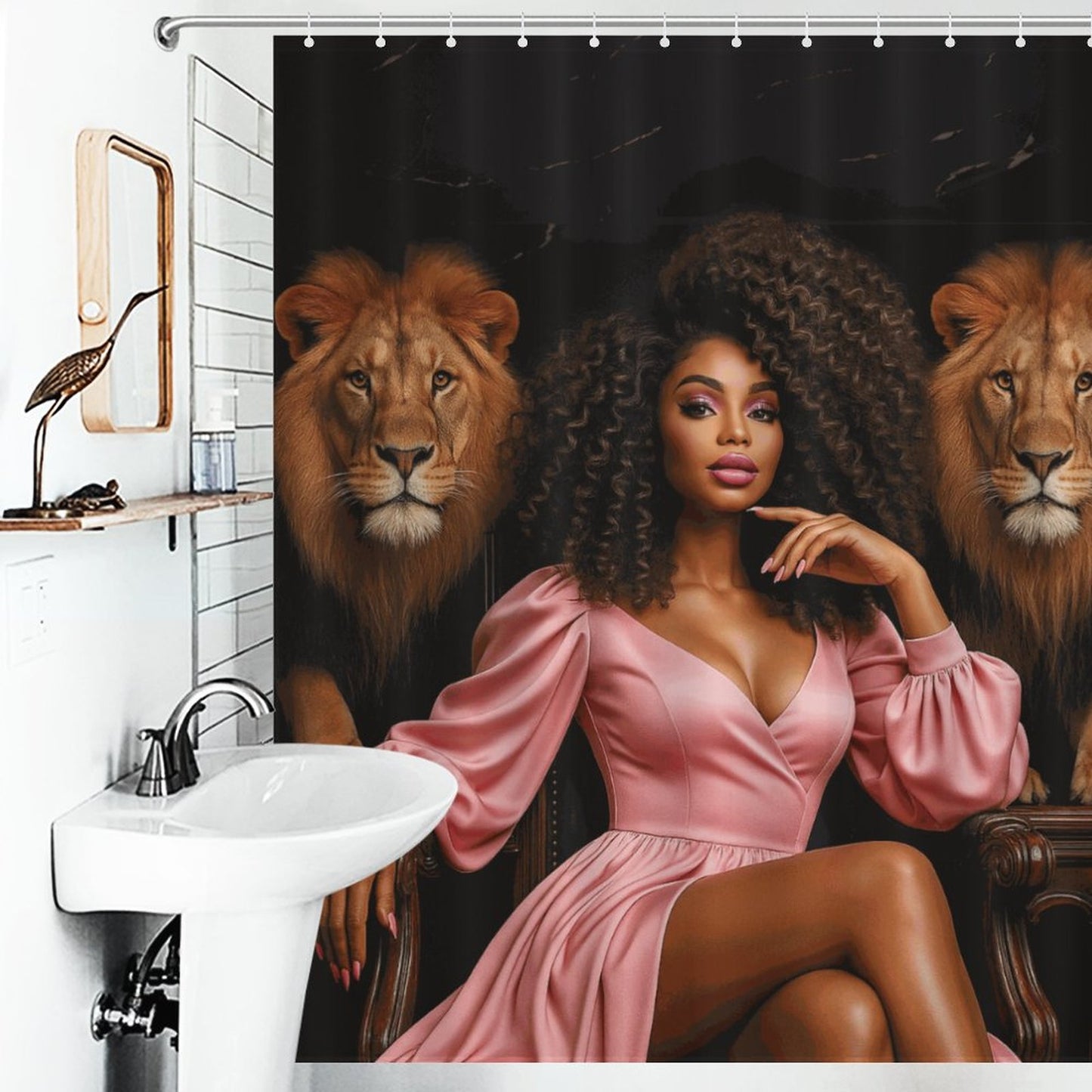 Regal Queen and Lions Black Luxury Shower Curtain