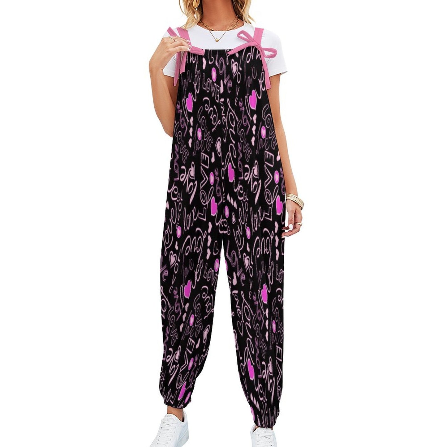 Chic Black & Pink Love Spaghetti Strap Jumpsuit – Sleek Women's Fashion for Every Occasion