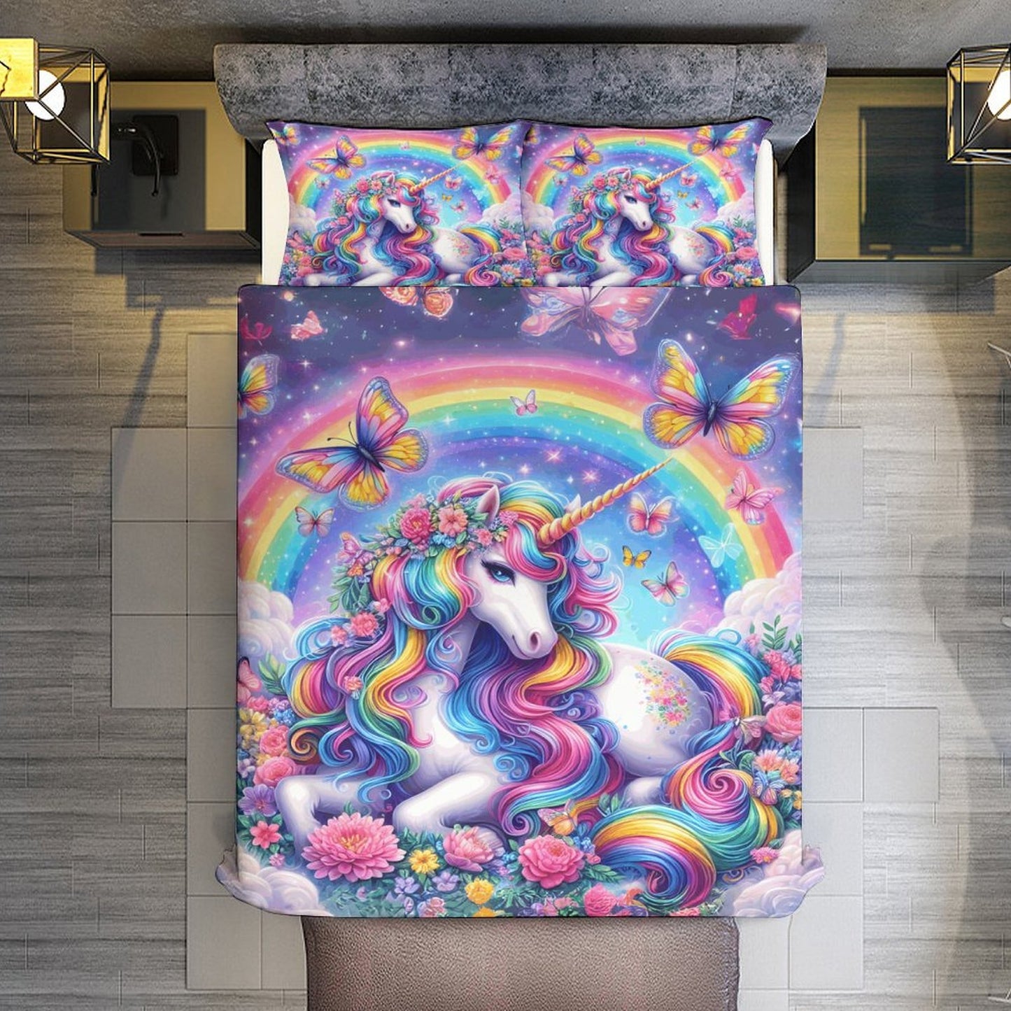 Magical Rainbow Unicorn 3-Piece Bedding Set – 86"x70" (218×177cm) Dual-Sided Comforter with Pillowcases – Fantasy Kids & Teen Bedroom Decor