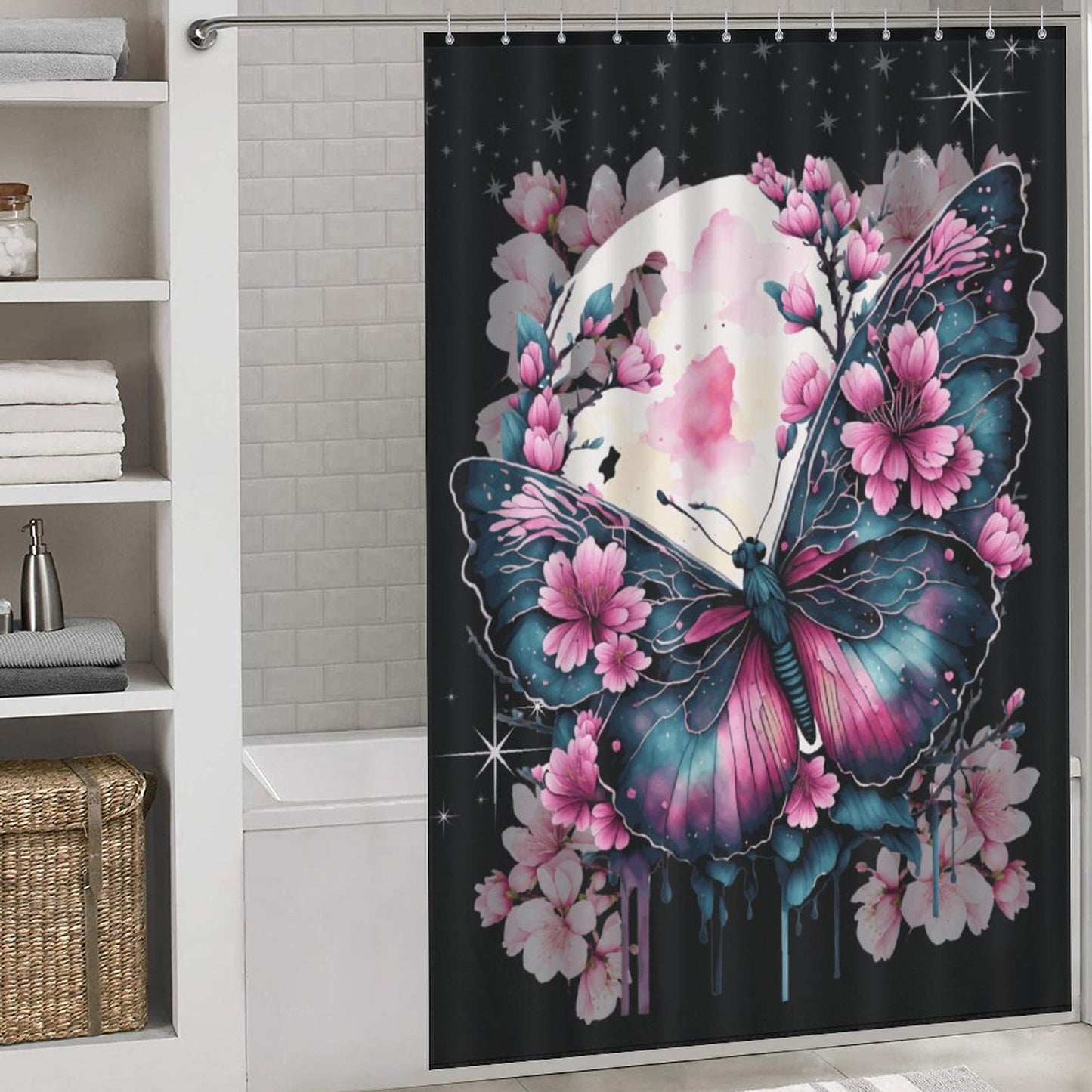 Enchanted Midnight Butterfly Shower Curtain – Black & Blue Elegance