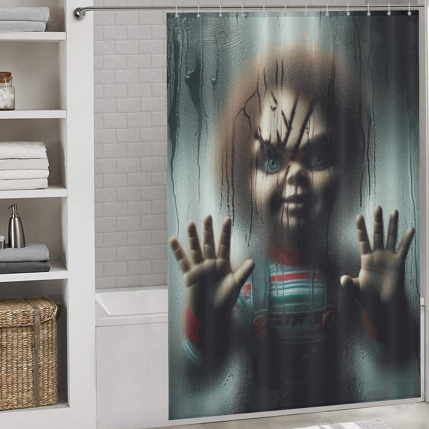 Creepy Chucky Horror Shower Curtain | Killer Doll Bathroom Decor | Halloween Scary Movie Curtain | Spooky Horror Home Decor Gift
