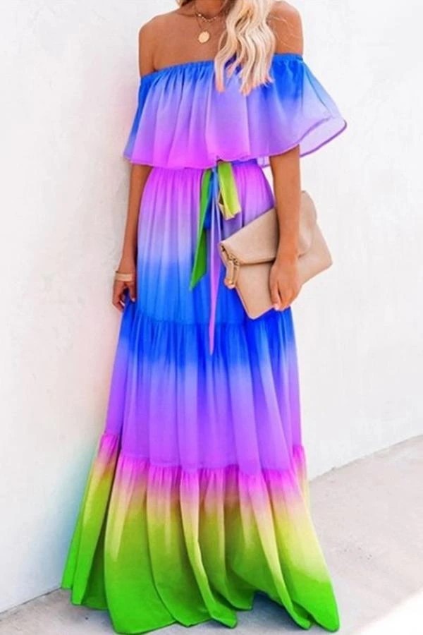 Women's Wrapped Chest Print Gradient Color Large Swing Skirt Dress