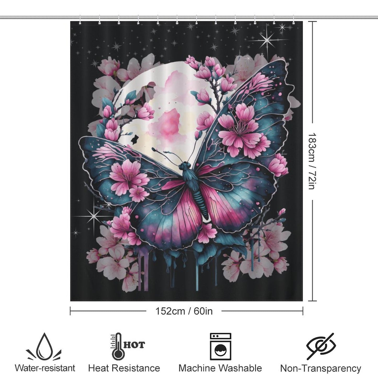 Enchanted Midnight Butterfly Shower Curtain – Black & Blue Elegance