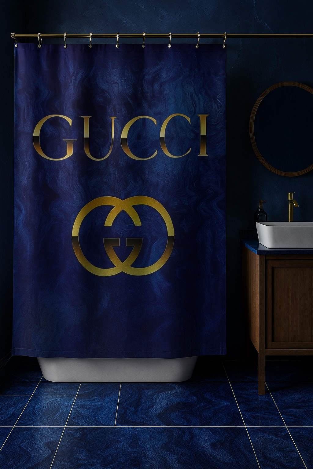 Luxury Blue & Gold Shower Curtain – Elegant Bathroom Decor