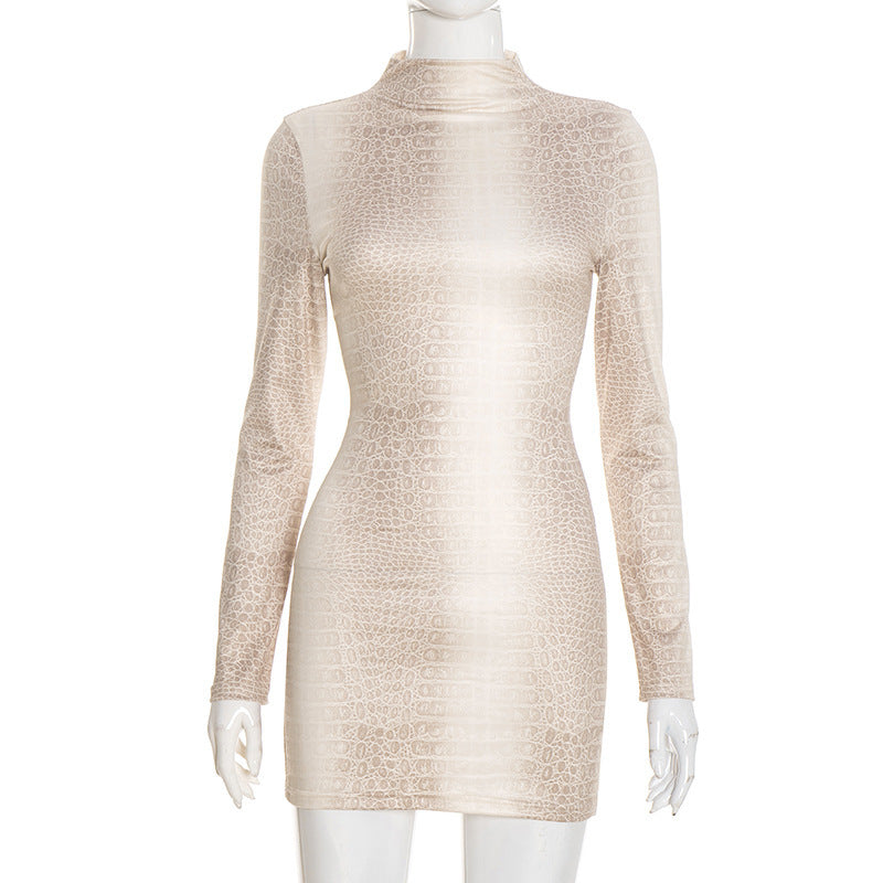 Sexy Long Sleeve Snakeskin Print Bodycon Mini Dress – Figure-Hugging Sheath Dress for Night Out, Clubwear, Party Outfit for Women