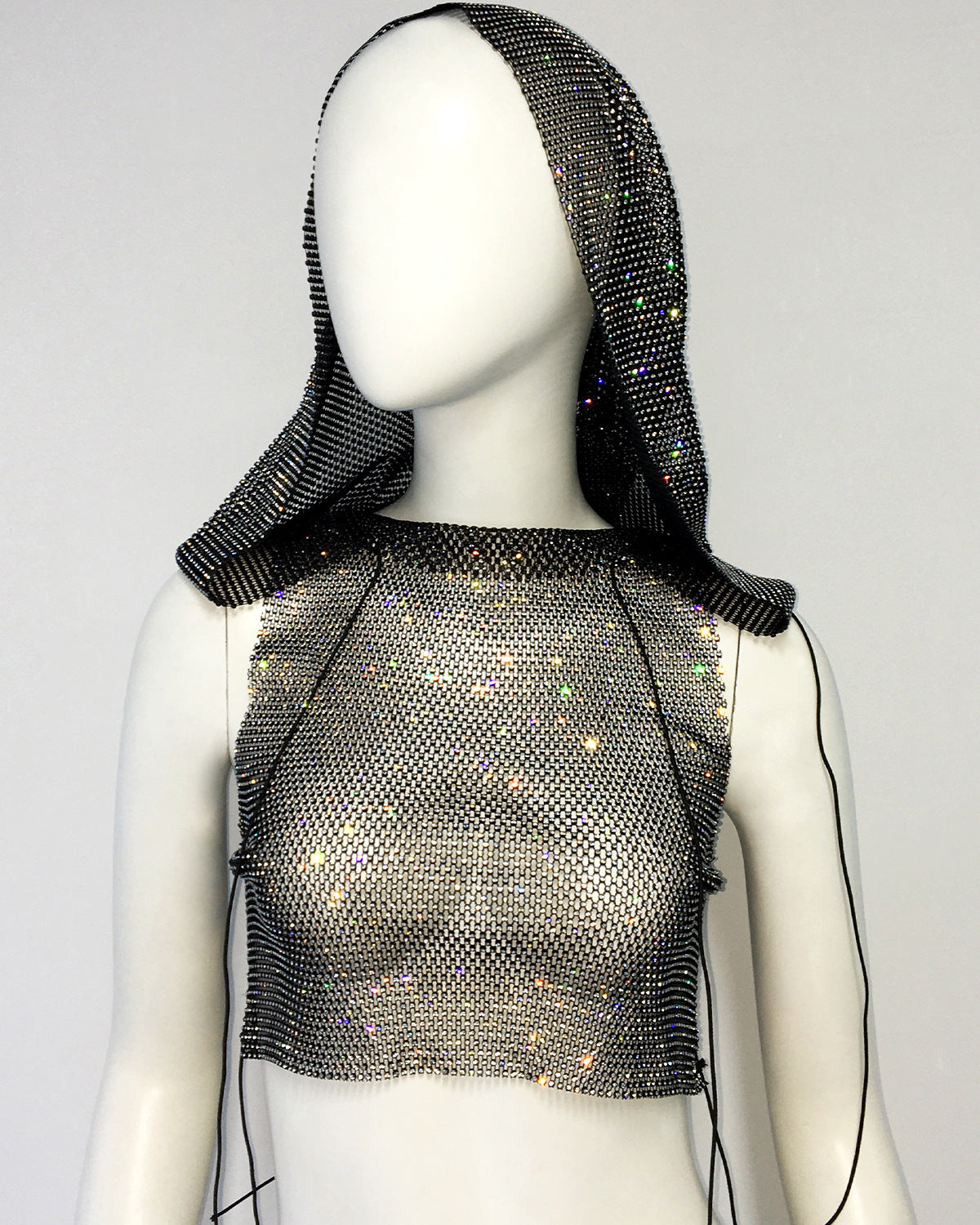 Sparkle & Edge: Rhinestone Hooded Fishnet Top – Sexy & Bold Statement Piece