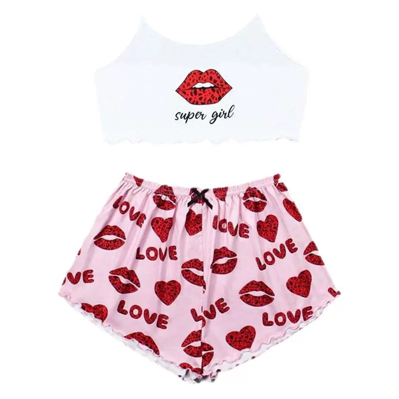 Knitted Print Pajama Set for Women – Thin Comfy Cami Top & Shorts Loungewear