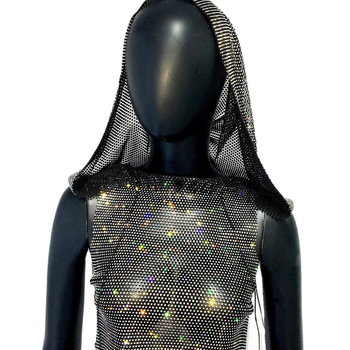 Sparkle & Edge: Rhinestone Hooded Fishnet Top – Sexy & Bold Statement Piece