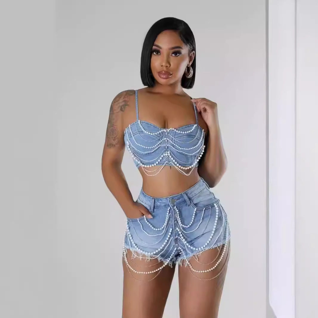 Women's Ins Pearl Drill Chain Denim Camisole Shorts