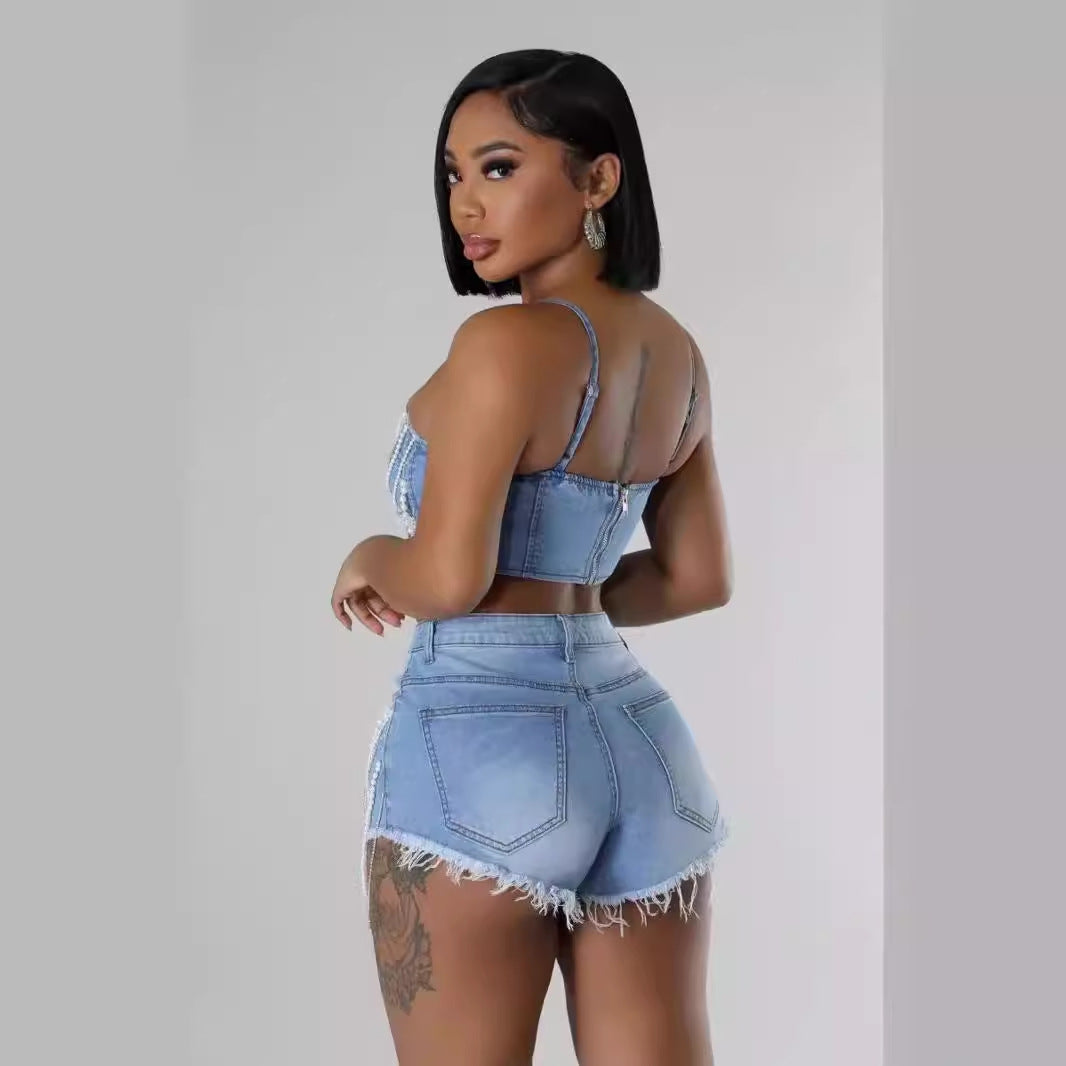 Women's Ins Pearl Drill Chain Denim Camisole Shorts
