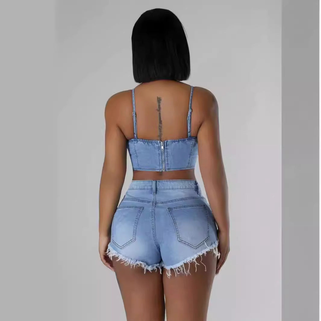 Women's Ins Pearl Drill Chain Denim Camisole Shorts
