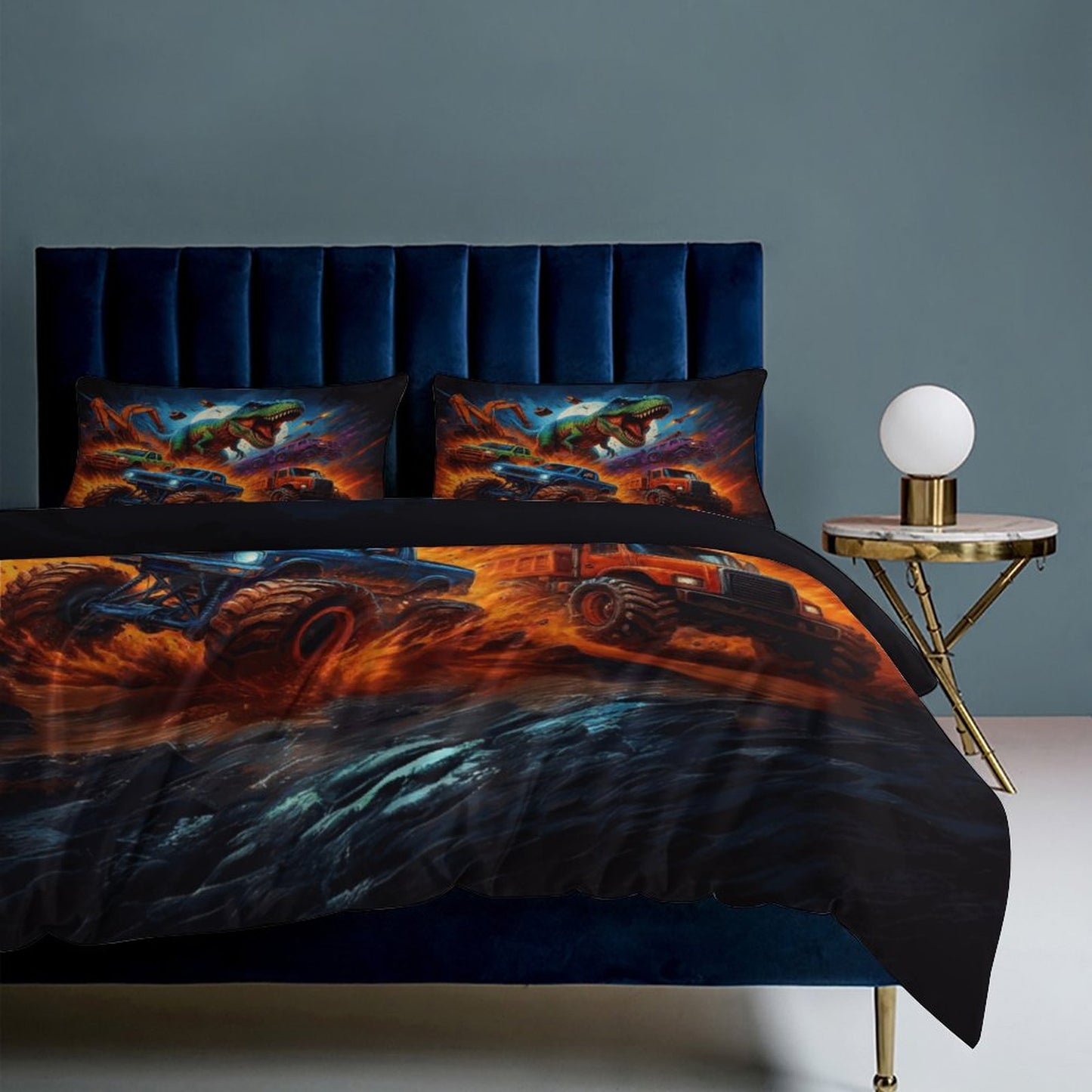 Jurassic Dinosaur Kids Bedding Set – 3-Piece Twin Size 86"x70" | Hot Wheels Truck Chase Design | Double-Sided Print | Boys Room Decor