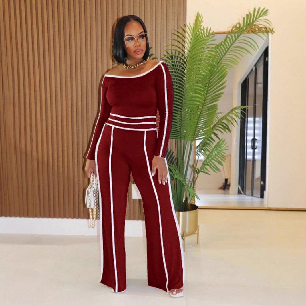 Women’s Commute Leisure Two-Piece Set – Diagonal Collar Top & High Waist Trousers | Chic Long Sleeve Stitch Set | Elegant Casual Outfit for Work or Brunch