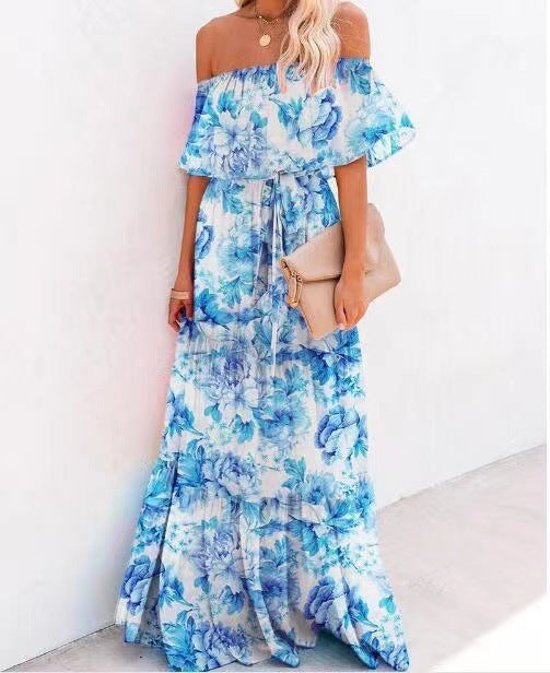 Women's Wrapped Chest Print Gradient Color Large Swing Skirt Dress