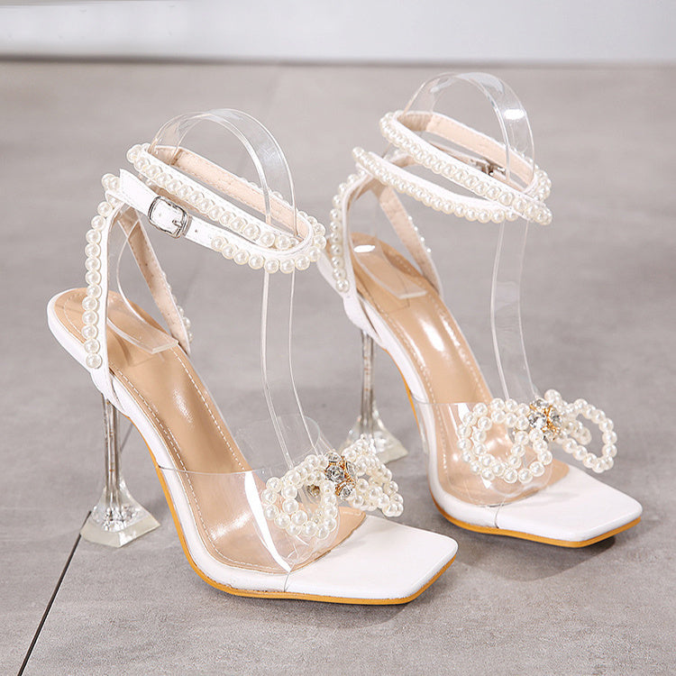 Pearl Bow Sandals for Women – Elegant Summer High Heels with Square Toe