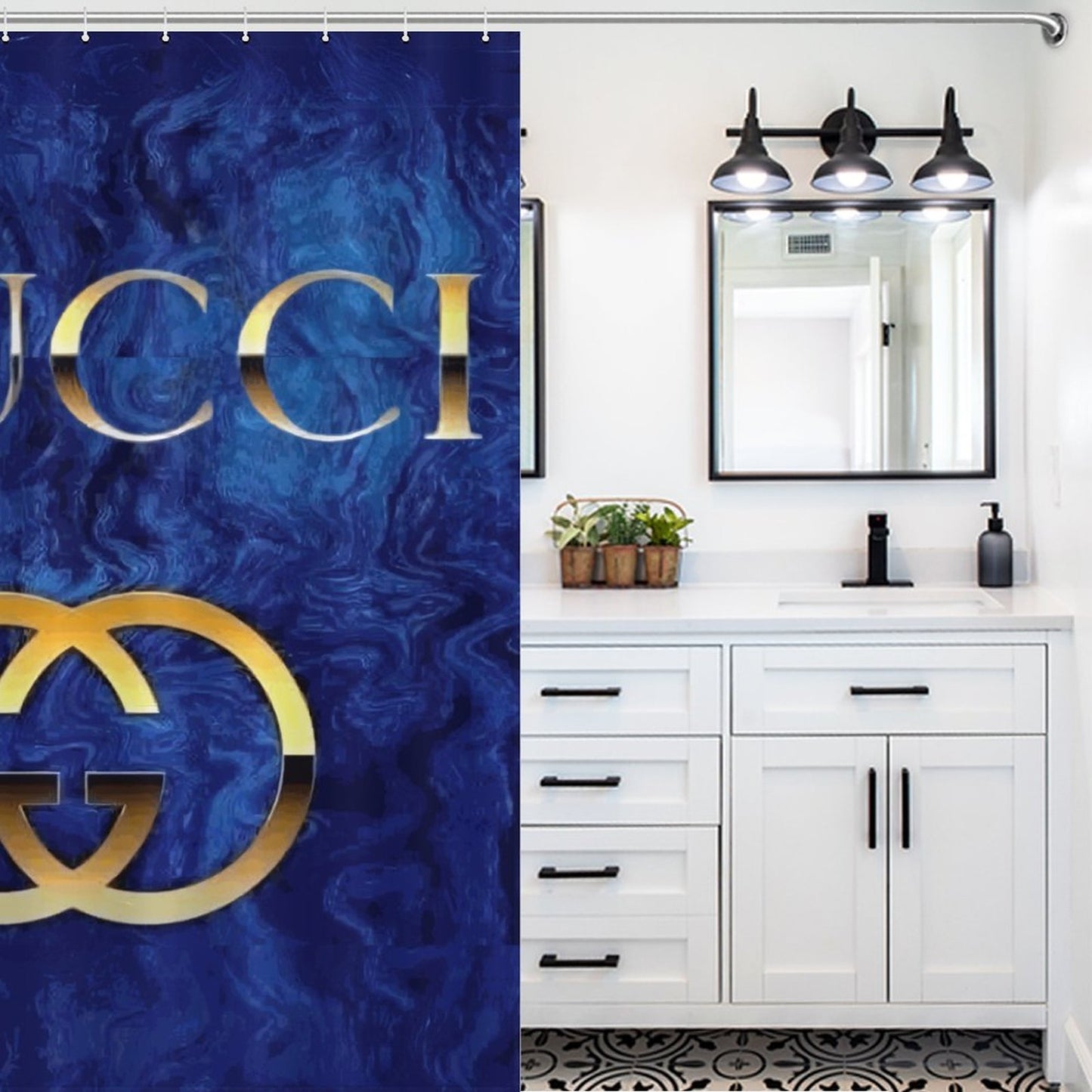 Luxury Blue & Gold Shower Curtain – Elegant Bathroom Decor