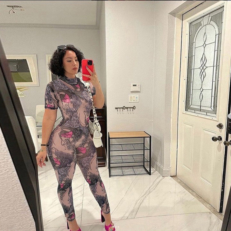 Sexy Backless Half Turtleneck Printed Hollow-Out Jumpsuit – Bold & Body-Hugging Statement Fit