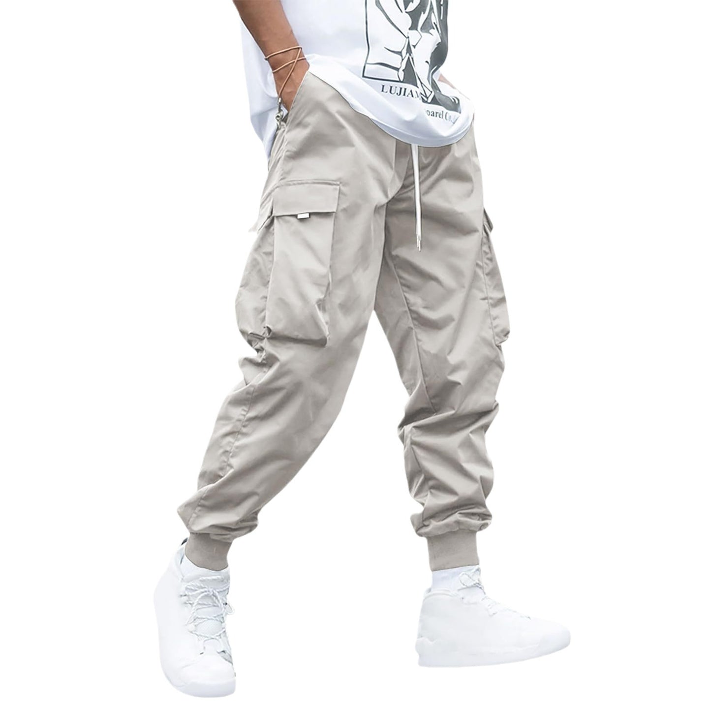 Men's Flip Pocket Drawstring Technology Cargo Pants Sports Elastic Jogging Casual Pants