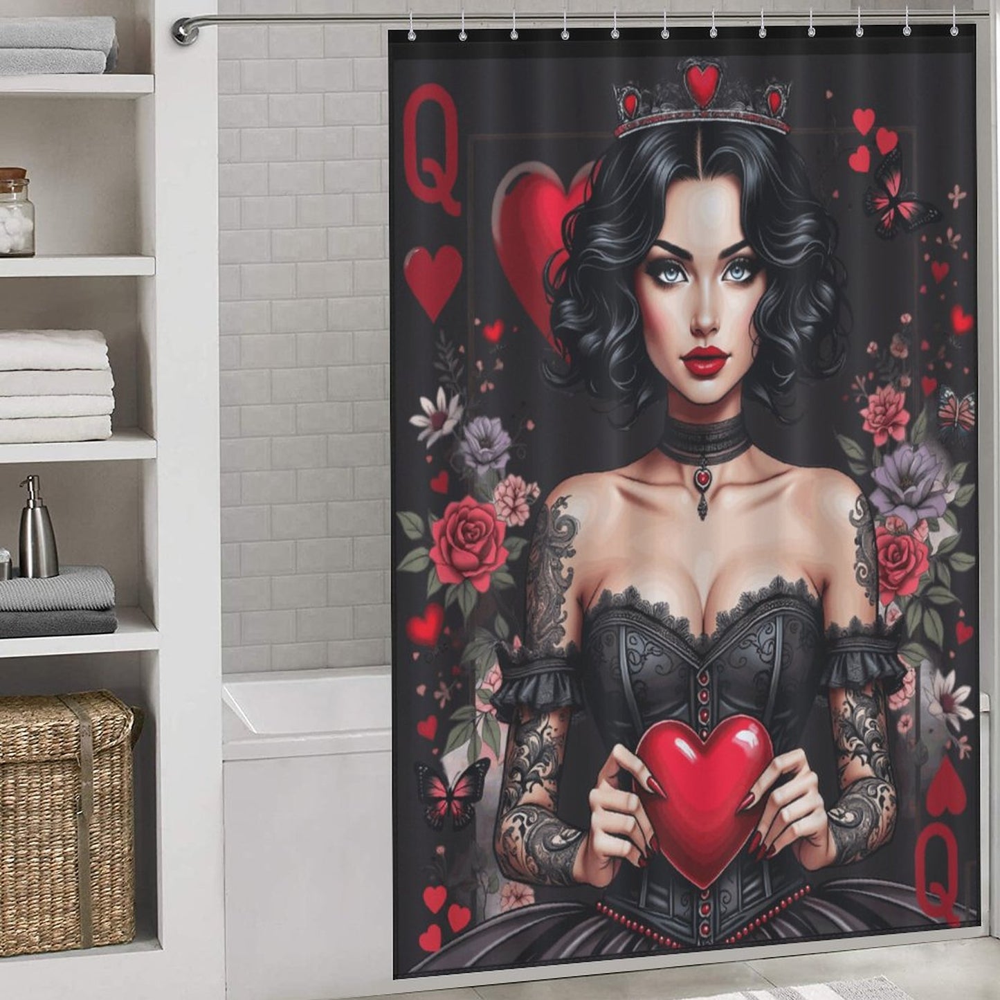 Queen of Hearts Gothic Shower Curtain – Dark Elegance Meets Royalty