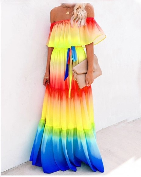 Women's Wrapped Chest Print Gradient Color Large Swing Skirt Dress