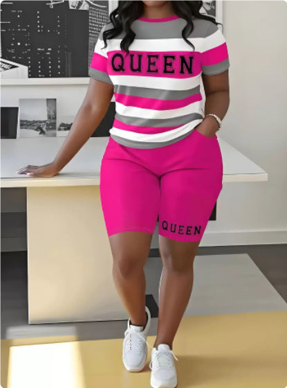 Women's Queen T-Shirt and Striped Letter 3D Printed Shorts Set – Summer 2-Piece Matching Outfit Loungewear