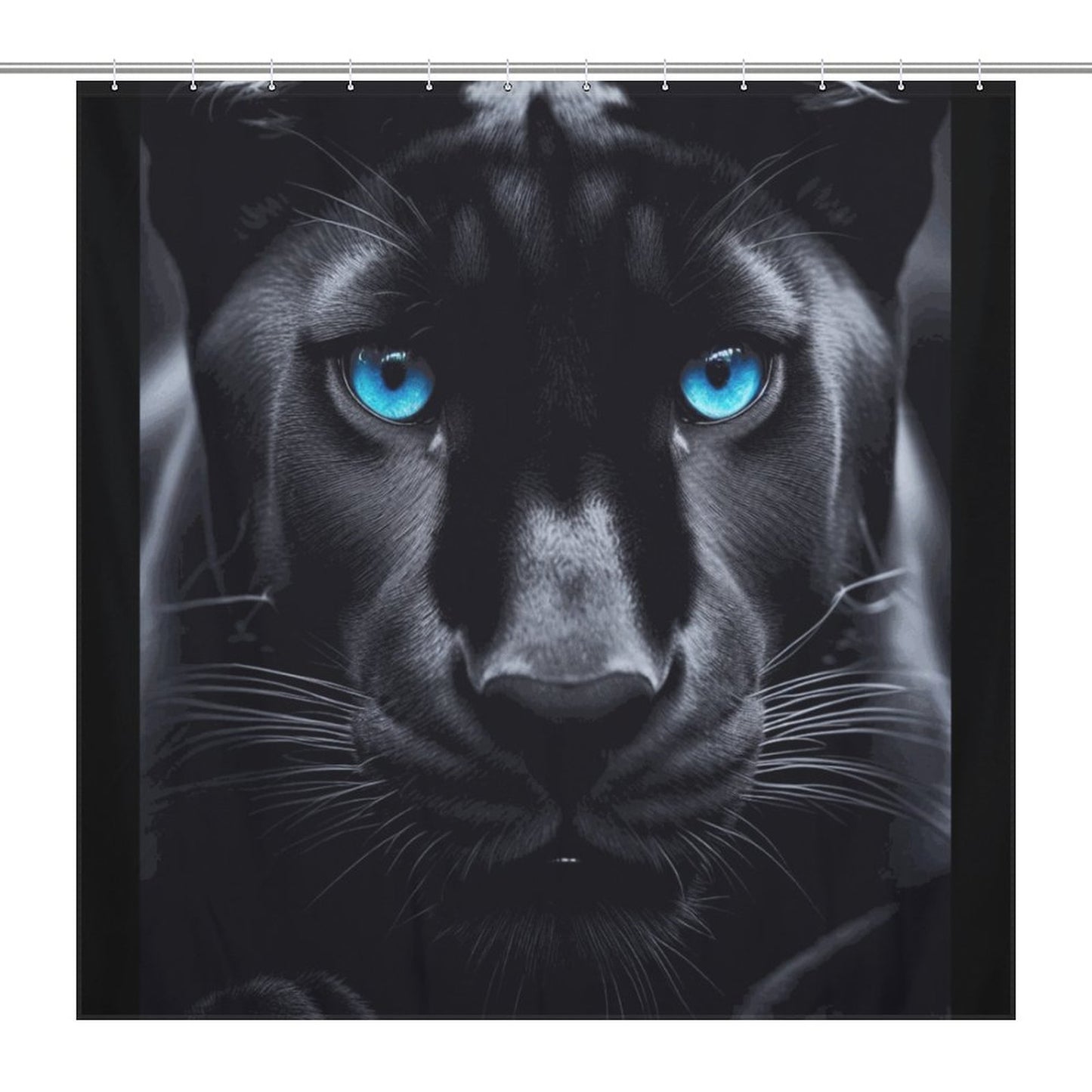 Fierce Black Panther Shower Curtain with Striking Blue Eyes – Bold Animal Design | Bold African-Inspired Home Decor