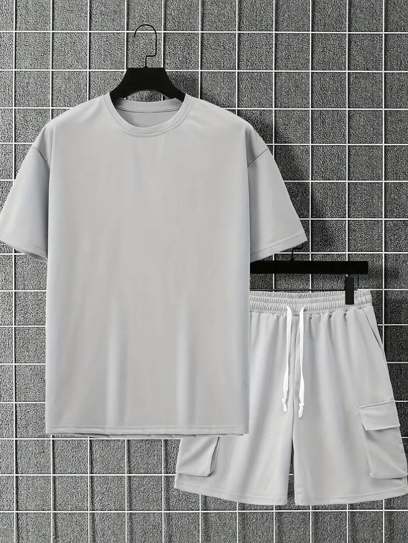 Men's Casual 2-Piece Set – Solid Crew Neck T-Shirt & Drawstring Shorts with Multi Pockets | Summer Outfit for Outdoor, Street wear, Lounge wear