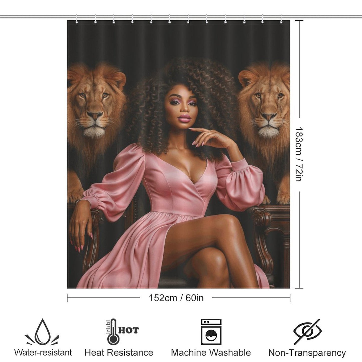 Regal Queen and Lions Black Luxury Shower Curtain