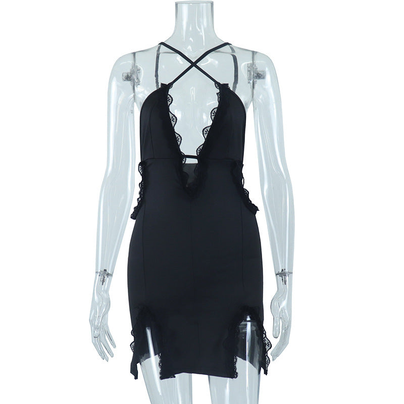 Sexy Hollow-Out Lace Patchwork Camisole Sheath Dress with Side Slit – Elegant Clubwear & Party Outfit for Women