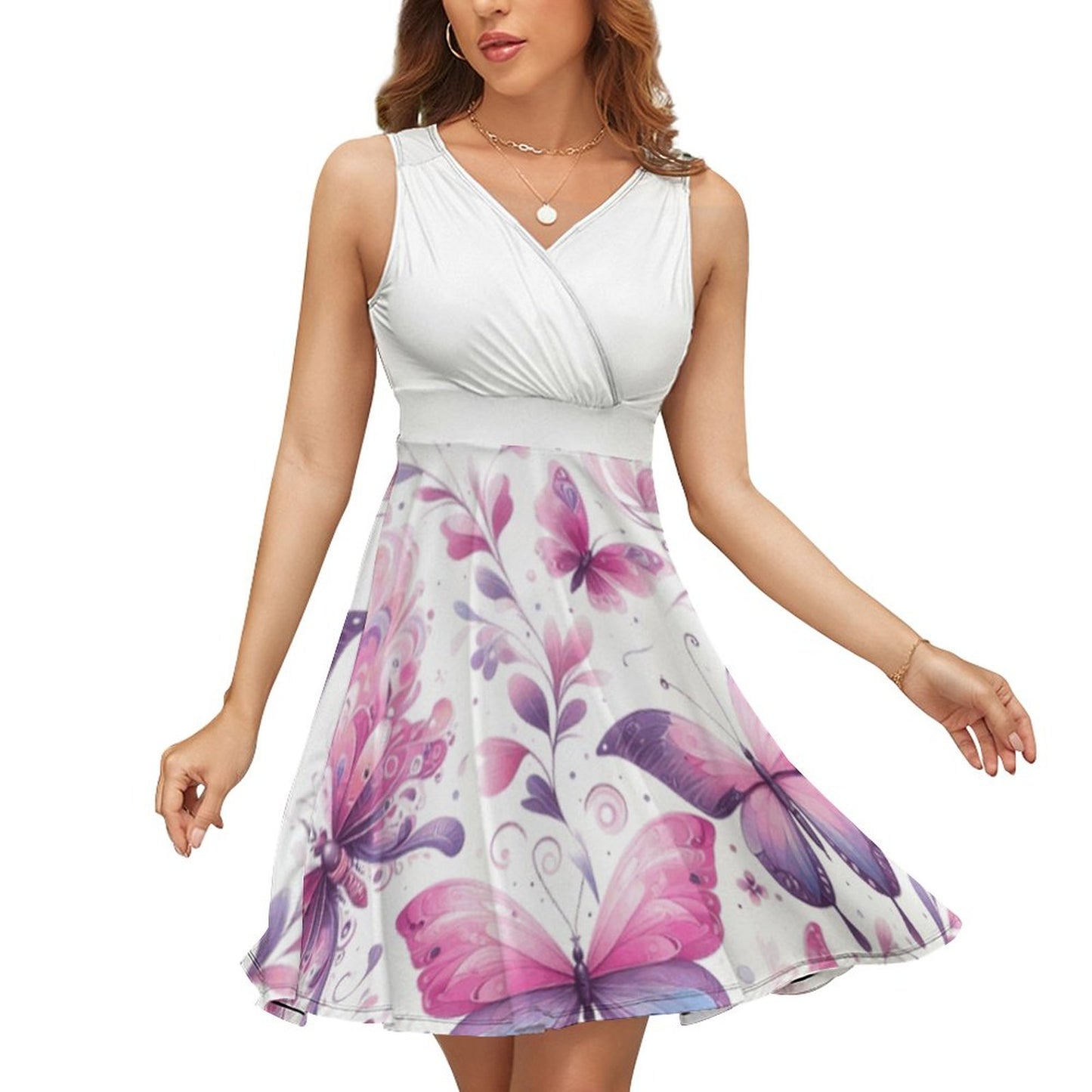 Pink and Purple Butterfly Sleeveless High Waist Dress