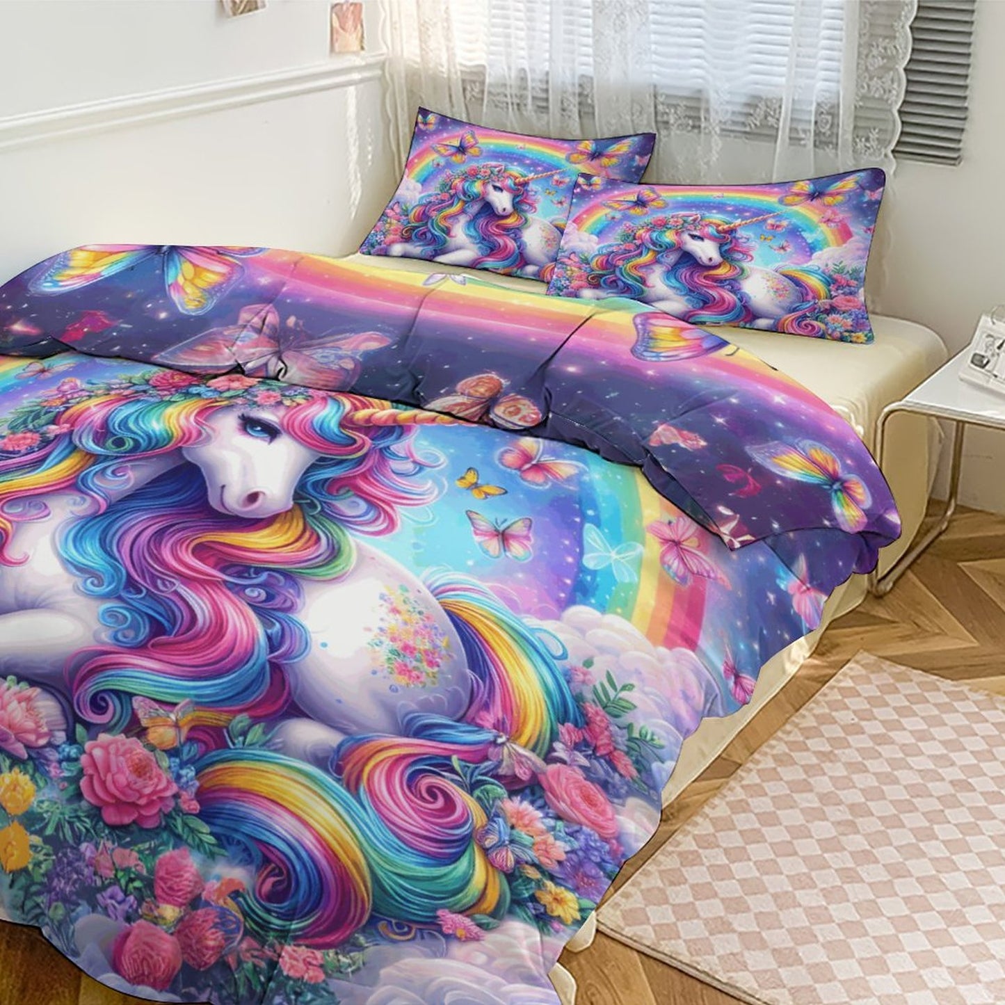 Magical Rainbow Unicorn 3-Piece Bedding Set – 86"x70" (218×177cm) Dual-Sided Comforter with Pillowcases – Fantasy Kids & Teen Bedroom Decor