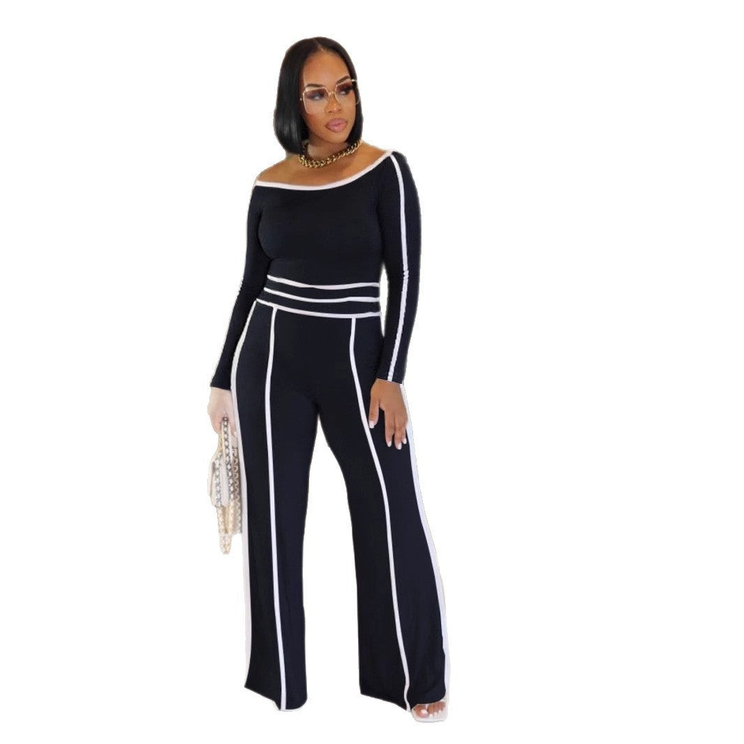 Women’s Commute Leisure Two-Piece Set – Diagonal Collar Top & High Waist Trousers | Chic Long Sleeve Stitch Set | Elegant Casual Outfit for Work or Brunch
