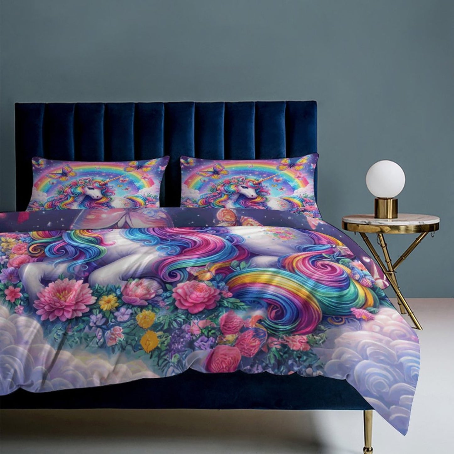 Magical Rainbow Unicorn 3-Piece Bedding Set – 86"x70" (218×177cm) Dual-Sided Comforter with Pillowcases – Fantasy Kids & Teen Bedroom Decor